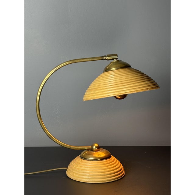 Mid-Century Modern Pencil Reed Rattan Bamboo and Brass Table Lamp, Italy, 1970s For Sale - Image 4 of 10
