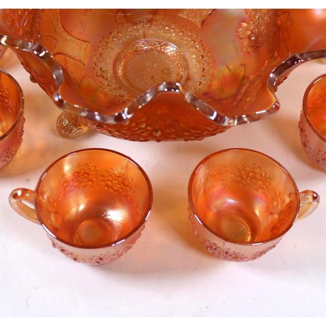 Art Nouveau Early 20th Century Fenton Marigold Carnival Glass "Orange Tree" Footed Master Fruit Bowl & Cup Set - 7 Pieces For Sale - Image 3 of 11