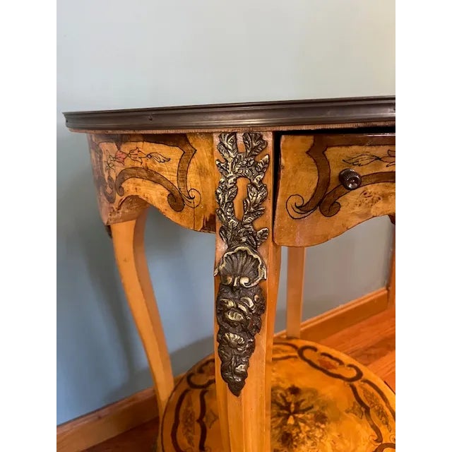 Vintage Italian Marquetry Two-Tier Side Table With Drawer & Bronze Mounts For Sale - Image 14 of 14