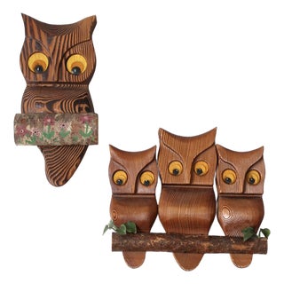 Mid-Century Carved Wood Owl Wall Hangings Set For Sale