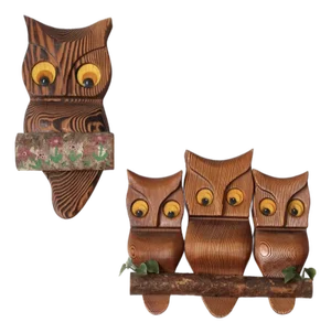 Mid-Century Carved Wood Owl Wall Hangings Set
