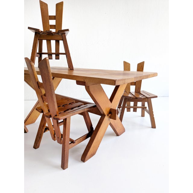 Vintage Brutalist Dining Set in Oak, 1970s, Set of 5 For Sale - Image 4 of 12