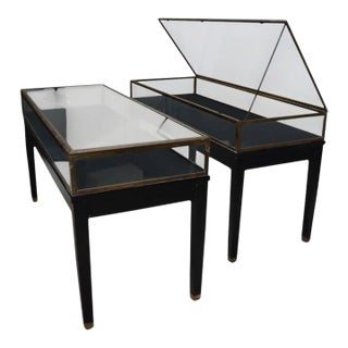 Two Russel Built Ny Ebonized & Brass Locking Lift Top Retail Display Cases C1930 For Sale