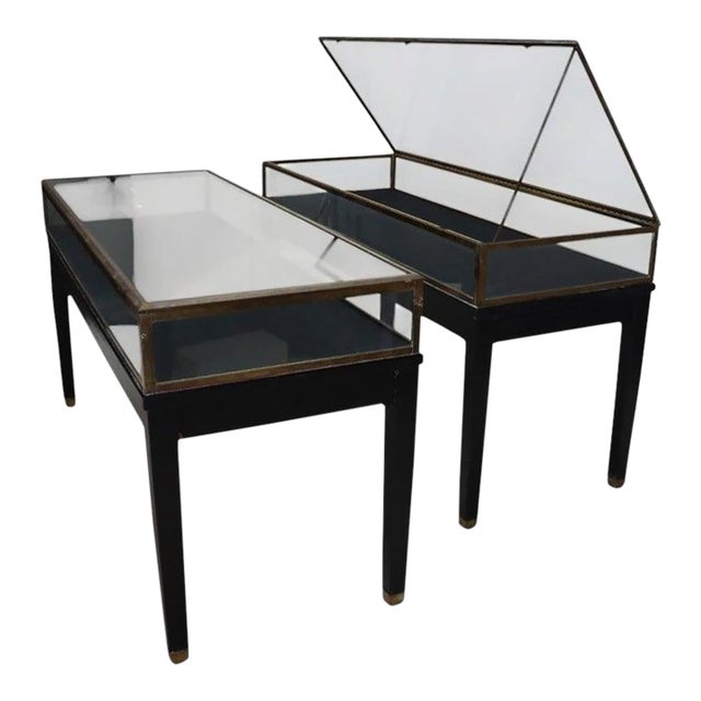 Two Russel Built Ny Ebonized & Brass Locking Lift Top Retail Display Cases C1930 For Sale