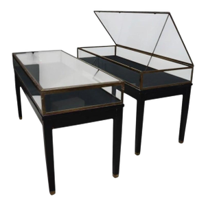 Two Russel Built Ny Ebonized & Brass Locking Lift Top Retail Display Cases C1930