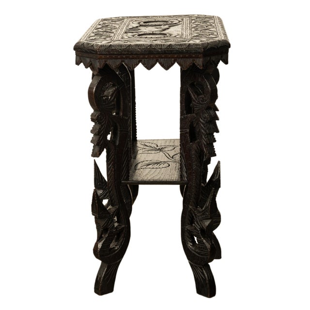 Antique Carved Anglo Indian Teak Wood Elephant Twin Tier Lamp Side Table 1900 For Sale - Image 9 of 17