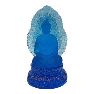 Blue Crystal Glass Sitting Buddha Lotus Base Mandorla Halo Back Statue For Sale