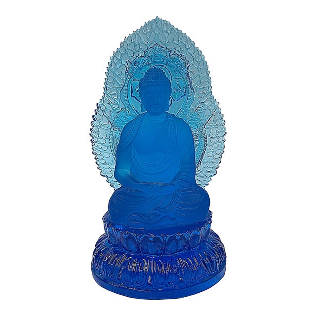 Blue Crystal Glass Sitting Buddha Lotus Base Mandorla Halo Back Statue For Sale