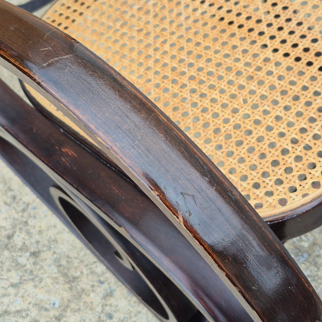 1970s Vintage Thonet Style Bentwood Cane Rocking Chair Dark Stained Frame For Sale - Image 12 of 12