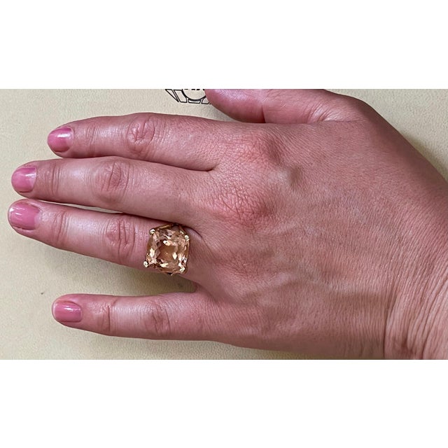 Pink 16 Carat Cushion Shape Morganite Cocktail Ring 14 Karat Yellow Gold Estate For Sale - Image 8 of 18
