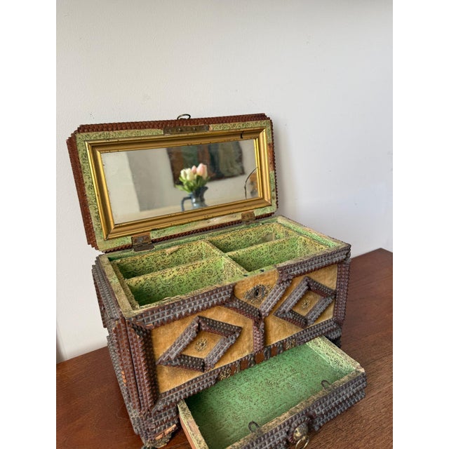 Antique Tramp Art Jewelry Box 1898, Hand Carved Wooden Chest With Mirror, Folk Art Keepsake Box, Victorian Trinket Box, Lion Pull For Sale - Image 12 of 14