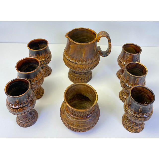 Mid 20th Century Vintage Brutalist Studio Pottery Ceramic Drink Set, Pitcher, Ice Bucket, 6 Goblets - 8 pcs For Sale - Image 5 of 9