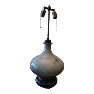 Antique Chinese Lamp With Carved Wood Top and Base