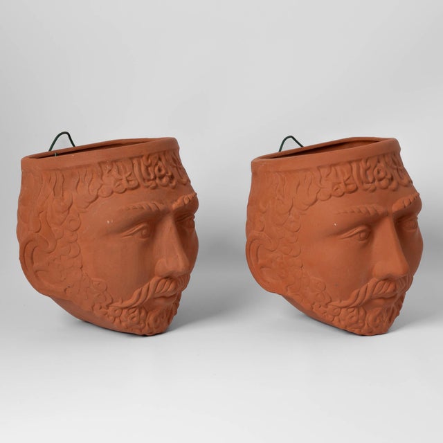 Ceramic Vintage Terracotta Male God Face Wall Planters by Rookes Pottery - Set of Two For Sale - Image 7 of 17