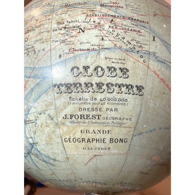 Large Terrestrial World Globe by J. Forest Early Grande 20th Century Wood Brass For Sale - Image 10 of 16