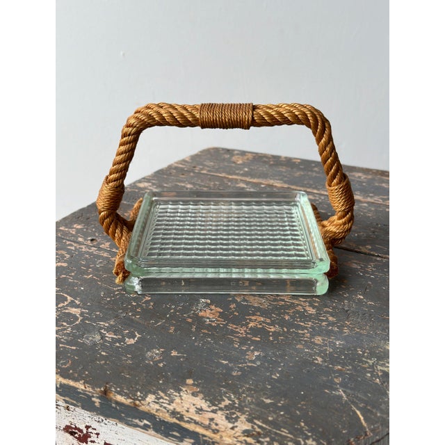 Tan Vintage Cast Glass Vide Poche With Rope Handle Attributed to Audoux Minet, Circa 1960s For Sale - Image 8 of 12