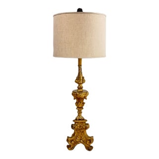 Tall 18th Century Italian Baroque Giltwood Altar Candlestick Table Lamp For Sale