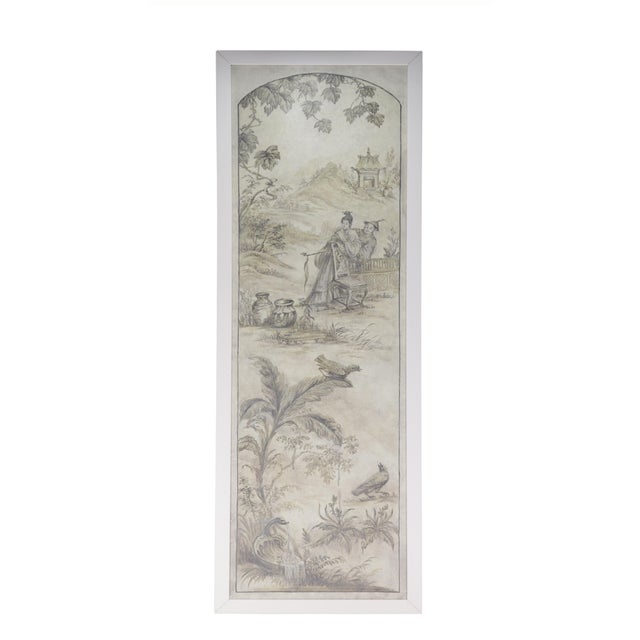 Late 20th Century A Retro Chinoiserie-Style Gray-Toned Decorative Mural (Four-Panel Painting) For Sale - Image 5 of 14