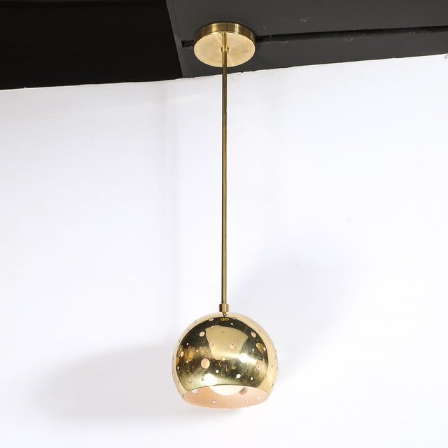 Mid-Century Rounded Brass Pendant Chandelier With Circular Cutout Detailing For Sale - Image 4 of 14