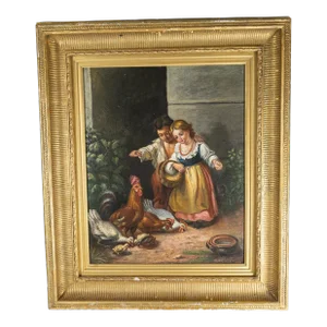 Early 20th Century American Realist Oil Painting of Children Feeding the Chickens, Signed