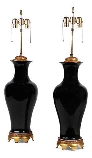 Pair Chinese Mirror Black Porcelain Lamps