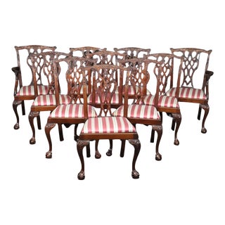 Carved Mahogany Chippendale Dining Chairs Dragon Face Arm Terminals - Set of 10 For Sale