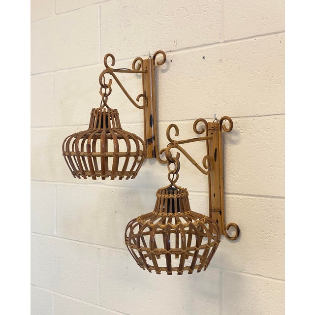 Rattan and Bamboo Wall Lamps, 1970s, Set of 2 For Sale - Image 13 of 14
