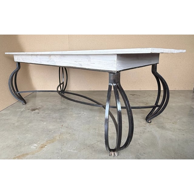 Dining Table with Large White Wood Top and Forged Iron Curved Legs, 1930 For Sale - Image 3 of 11