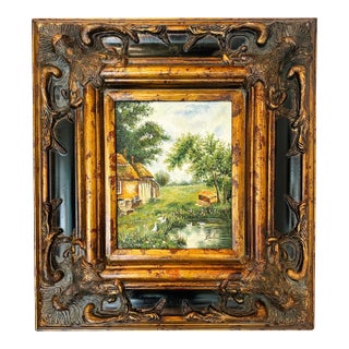 Vintage American Cottage Landscape Oil on Board Painting, Signed For Sale