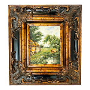 Vintage American Cottage Landscape Oil on Board Painting, Signed
