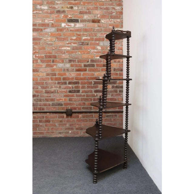 Antique French Six-Tier Stained Mahogany Spool Form Corner Shelf / Etagere For Sale - Image 16 of 18