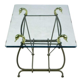 Iron End Table Surmounted by Cast Brass Swans & Glass Top For Sale