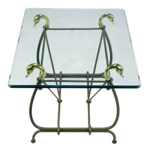 Iron End Table Surmounted by Cast Brass Swans & Glass Top
