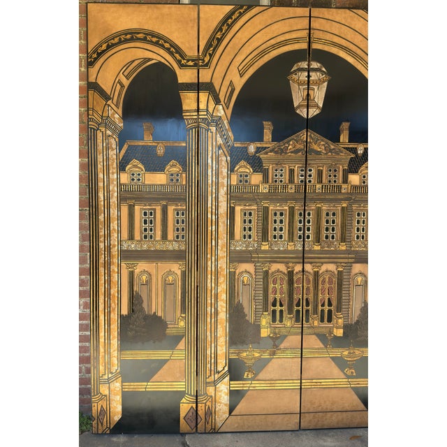 Chinoiserie 1980s Trompe l'Oeil Architectural Folly Four Panel Screen - Piero Fornasetti Homage For Sale - Image 3 of 12