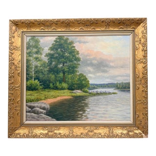 Signed M. Persson Framed Lake Landscape Swiss Oil Painting For Sale