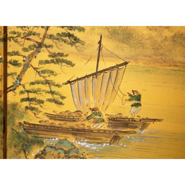 C. 1960s "Landscape With River and Boats", Showa Era Japanese Painted Silk Byobu Screen For Sale - Image 11 of 18
