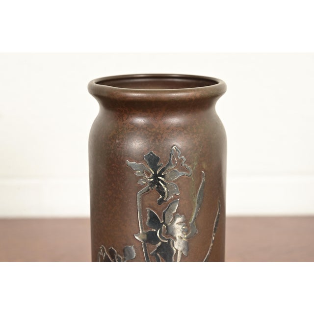Heintz Arts & Crafts Sterling Silver on Bronze Vase With Floral Decoration For Sale In South Bend - Image 6 of 12