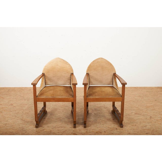 Arts and Crafts Oak Armchairs with Velour Upholstery, Set of 2 For Sale - Image 13 of 13