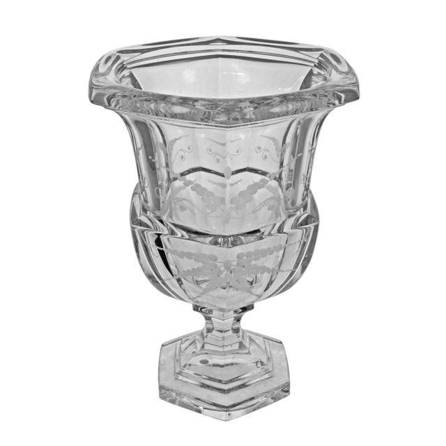 This elegant, vintage etched crystal urn features a classic Biedermeier-style silhouette, generous proportions, and finely...
