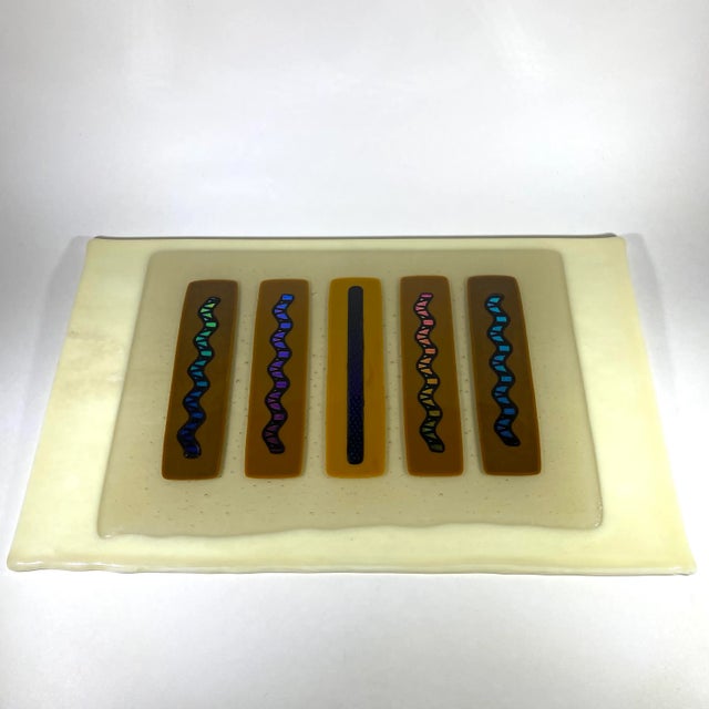 Stunning 1970's Cream Fused Dichroic Art Glass Wall Art Plate Plaque This is a very cool piece of art glass. Squiggles of...