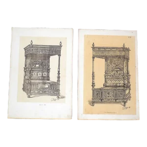 Antique 19th Century Signed Imperial Folio Renaissance Lithographs of Ornate Beds - a Pair