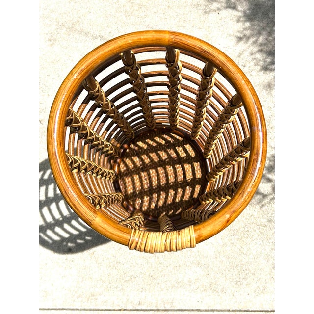 Vintage, Cylindrical, Woven, Bamboo, Rattan and Wicker, Umbrella Stand, in the Style of Audoux and Minet, 1950’s For Sale In South Bend - Image 6 of 8