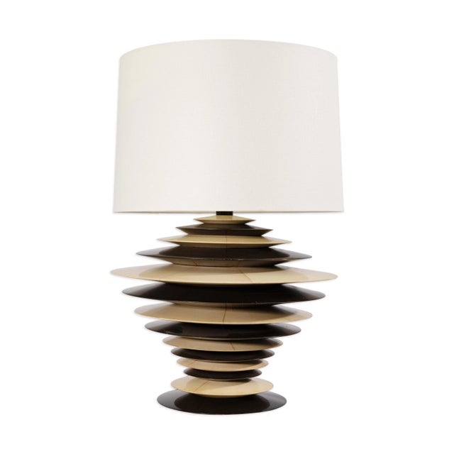 Pair of Vintage Large Art Deco Ebony and Cream Colored Discus Lamps For Sale - Image 4 of 8