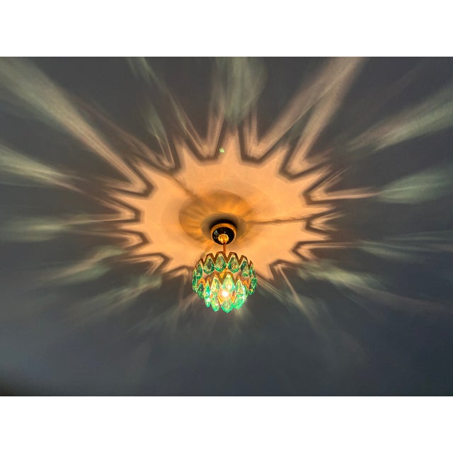 1960s Luxury Mini Brass Chandelier With Turquoise Crystal Drops, Starburst Shadow Ceiling Projection Light, Restored Antique Style Light Fixture For Sale - Image 12 of 18