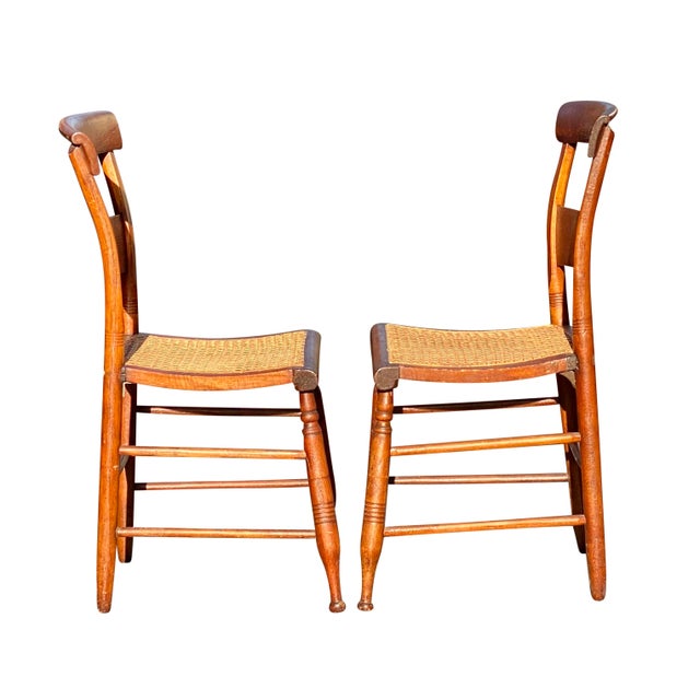 Early 19th Century Antique Pair of Tiger Maple Side Chairs With Cane