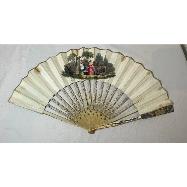 Antique 19th Century French Hand Painted Figural Sterling Gold Pocket Hand Fan For Sale - Image 14 of 18