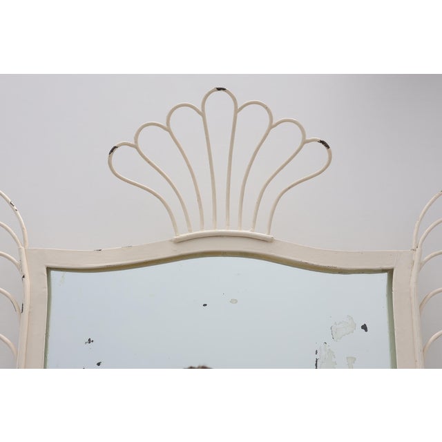 1950s French White Lacquered Metal Mirror with Looped Wire Frame and Fan Crest, 1950s For Sale - Image 5 of 13