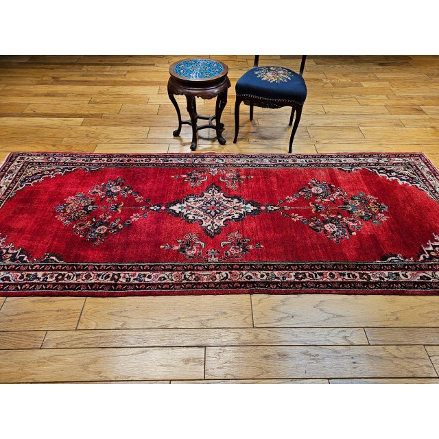 Textile Vintage Persian Hamadan Wide Runner, Hand-Knotted Wool, Open Field Geometric Pattern, Red & Ivory. 4x10 For Sale - Image 7 of 18