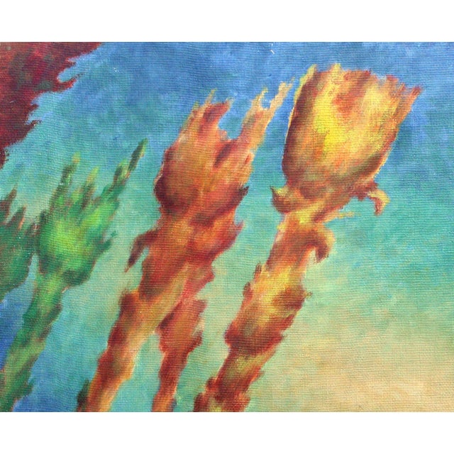 Botanical Abstract, Vintage 1970s Modern Floral This vivid oil painting of flowers on a bright sunny day is a fresh...