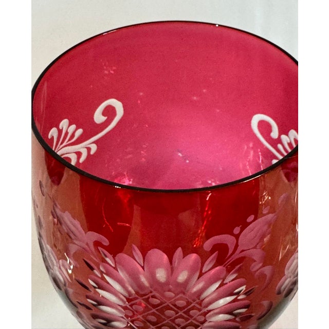 Late 19th Century Bohemian Floral Etched Cranberry Iridescent Glass Goblets, Set of 6 For Sale - Image 10 of 12